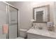 Updated bathroom featuring a glass-enclosed shower and granite vanity at 2542 Maclaren Cir, Dunwoody, GA 30360