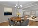 Dining room with stylish chandelier next to a living area staged with contemporary furniture at 2542 Maclaren Cir, Dunwoody, GA 30360