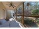 View of the covered back porch with seating and scenic surroundings at 8245 Mill Run Trl, Whitesburg, GA 30185