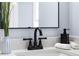 Bathroom featuring a black faucet on a quartz countertop with an elegant mirror and decorative soap dispenser at 1931 Selwyn Dr, Decatur, GA 30035