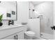 Modern bathroom with a glass-enclosed shower, white marble and sleek black fixtures at 1084 Brookglynn Trce, Decatur, GA 30032