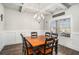 Elegant dining room featuring a modern chandelier, wainscoting, and dark wood table at 18 Village Trce, Rydal, GA 30171