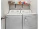 Functional laundry room featuring a white washer and dryer set and a shelf for storage at 18 Village Trce, Rydal, GA 30171