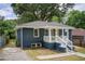 Charming bungalow featuring dark blue siding, white trim, and a cozy front porch at 198 Scott St Nw, Atlanta, GA 30314