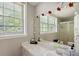 Bathroom with gray walls, windows with blinds, and a vanity mirror with decorative red flower accents at 1387 John Robert Dr, Morrow, GA 30260