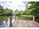 Scenic lake view from the wooden dock, surrounded by lush greenery at 672 Red Sunset Cir, Powder Springs, GA 30127