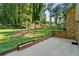 This backyard features a large yard, tree coverage, and a brick patio area at 4883 Rock Haven Dr, Lilburn, GA 30047