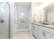 Elegant bathroom features a tiled shower, double vanity with granite countertops, and modern fixtures at 222 Ellis Ln, Woodstock, GA 30189