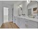 Elegant bathroom with dual sinks, marble countertops, gold fixtures, and white cabinets at 1040 Millridge Se Ln, Marietta, GA 30067