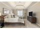 Bright main bedroom featuring a tray ceiling, a large window with shades, and carpeted floors at 832 Forest Path Ln, Alpharetta, GA 30022