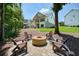 Seating around outdoor fire pit with a lush green backyard and large home in the background at 2861 Digna Ct, Acworth, GA 30101