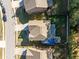 Aerial view of the property showing a well-maintained lawn, private pool, surrounding homes, and neighborhood streets at 1118 Reddy Farm Rd, Grayson, GA 30017