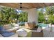Relaxing outdoor patio area with comfortable seating, ceiling fan, and pool view at 1260 Brook Forest Ne Dr, Atlanta, GA 30324