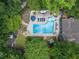 Aerial view of a private backyard with a swimming pool, lounge chairs, and mature trees at 4010 Tamarack Nw Dr, Kennesaw, GA 30152