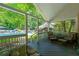 Covered back porch overlooking the inground swimming pool surrounded by landscaping and plenty of seating at 4010 Tamarack Nw Dr, Kennesaw, GA 30152