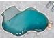 Aerial view of a uniquely shaped gunite pool with stone accents, and a tanning ledge surrounded by a gray tile patio at 8710 Little Mill Rd, Cumming, GA 30041