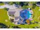 An aerial view shows a large estate home with lush landscaping and a sparkling pool at 2660 Portabella Ln, Cumming, GA 30041