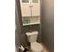 A small bathroom featuring a toilet, wall-mounted cabinet, and essential toiletries at 232 Rockingham Dr, Loganville, GA 30052