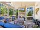 Inviting screened porch featuring a cozy fireplace and comfortable seating area at 3111 Old Thompson Mill Rd, Buford, GA 30519