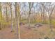 Image of the serene backyard surrounded by mature trees with a small shed and foliage at 3434 Saddlebrook Dr, Loganville, GA 30052