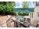 Charming outdoor patio featuring a dining table, lush greenery, and a view of the pool at 1850 Kirkmont Nw Dr, Marietta, GA 30064
