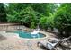 Beautiful in-ground pool and tanning deck surrounded by lush landscaping and brick pavers at 1850 Kirkmont Nw Dr, Marietta, GA 30064