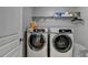 Efficient laundry room featuring modern front-load washer and dryer, with storage shelving, for convenience at 6845 Rocking Horse Ln, Cumming, GA 30040