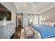 A serene main bedroom with a tray ceiling, hardwood floors and soft blue accents creating a calming retreat at 4465 Newhall Dr, Cumming, GA 30040