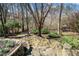 Landscaped backyard with stone patio, fire pit, and mature trees offering a serene outdoor space at 511 Newburgh Way, Roswell, GA 30075