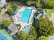 Aerial view of community pool and lounging area surrounded by lush trees and shrubbery at 511 Newburgh Way, Roswell, GA 30075