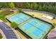 Aerial view of community tennis courts surrounded by mature trees, a playground, and ample parking at 416 Telfair Way, Canton, GA 30115