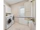 Laundry area with a folding table, washer, dryer, and white cabinets at 3620 Highpoint Rd, Cumming, GA 30041