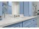 Close up of bathroom with white counter and blue cabinets at 4740 Cypress Commons, Atlanta, GA 30338