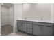 Bright bathroom features a double sink vanity with grey cabinets and a walk-in closet at 1733 Lansmere Sw St, Marietta, GA 30008