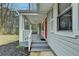 Charming front porch with gray siding, a red door, and a welcoming entrance to the home at 1830 Jan Hill Ne Ln, Atlanta, GA 30329