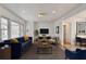 Cozy living room featuring a plush blue sofa, modern decor, and large windows for ample natural light at 1830 Jan Hill Ne Ln, Atlanta, GA 30329