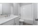An elegant bathroom with a white vanity, toilet and tub/shower combo featuring white horizontal tiling at 1330 Parc Bench Rd, Atlanta, GA 30316