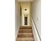 Carpeted stairway leading to upper level with neutral walls, white trim, and black door at 1154 Stone Mill Run, Lawrenceville, GA 30046