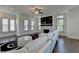 Bright living room features a fireplace, modern fan, and an abundance of windows at 3856 Allegretto Cir, Atlanta, GA 30339