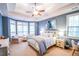 Serene bedroom with blue walls, bay window, and tray ceiling, perfect for relaxation at 160 Edgewater Trl, Fayetteville, GA 30215