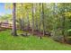 Spacious backyard featuring lush lawn, mature trees, and cozy seating with privacy at 1421 Eryn Cir, Suwanee, GA 30024