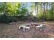 Fire pit area surrounded by seating and firewood amongst mature trees in the backyard at 1421 Eryn Cir, Suwanee, GA 30024