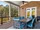 Inviting covered porch features a dining table, brick wall, and views of the surrounding trees at 5650 Copper Creek Pass, Cumming, GA 30040