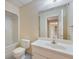 Modest bathroom features a functional single vanity and a tub and shower at 4610 Riversound Drive, Snellville, GA 30039