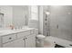 Bright bathroom features a glass enclosed shower, granite counters, and neutral color palette at 118 Village Green Ave, Woodstock, GA 30189