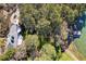 Aerial view of a gorgeous waterfront property with mature trees and a private dock, on a sunny day at 6475 Holland Dr, Cumming, GA 30041
