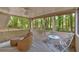 Cozy screened porch with wicker seating, a ceiling fan, and views of the private, wooded backyard at 8980 Country Club Dr, Douglasville, GA 30134