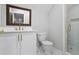 Bright bathroom includes vanity with granite counters, framed mirror, and a glass shower at 8900 River Trace Dr, Johns Creek, GA 30097