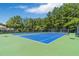 Community tennis courts with blue playing surface, green border, dark fencing and shaded benches at 7524 Portbury Park Ln, Suwanee, GA 30024
