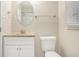 This bathroom features a vanity with granite countertop, white cabinet and oval mirror at 2239 Pinewood Dr, Decatur, GA 30032